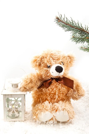 Teddy-bear with christmas lantern on the white backgroundの写真素材