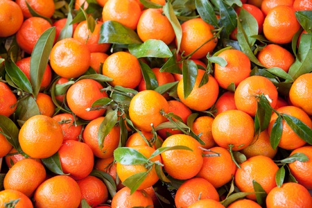 Tangerines with leaves in the marketの写真素材