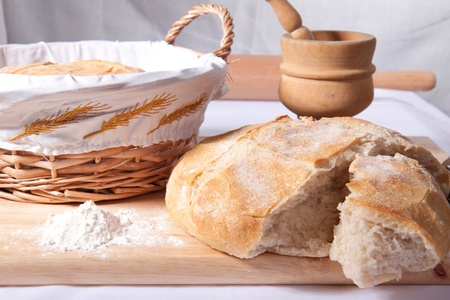 Fresh cooking bread in the basket on the wooden deskの写真素材