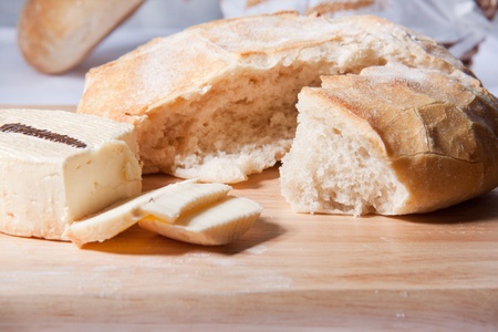 Fresh cooking bread with white cheeseの写真素材