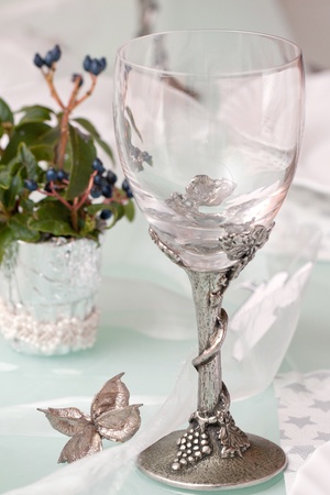 table setting with white and silver colorsの写真素材