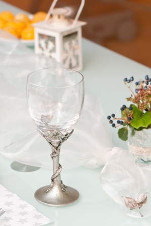 table setting with white and silver colorsの写真素材