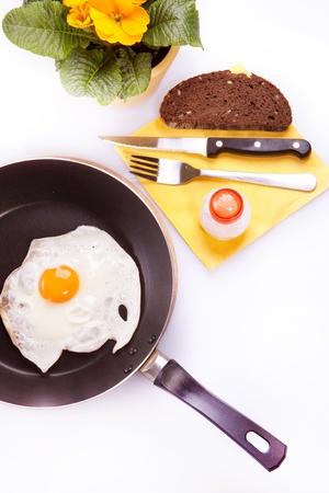 Fried egg in a frying panの写真素材