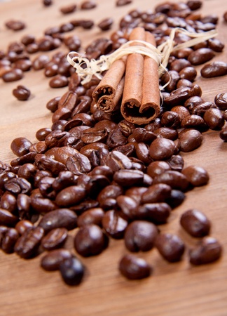 Fragrant fried coffee beans with cinnamonの写真素材
