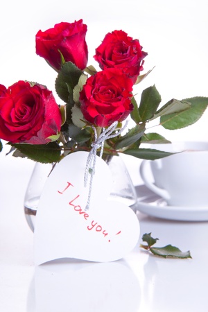 bunch of red roses with white heartの写真素材