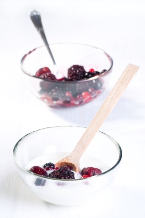 Tow bowl with Yogurt and mix of fresh berriesの写真素材