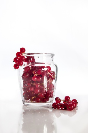 Glass jar with red currant isolated over whiteの写真素材