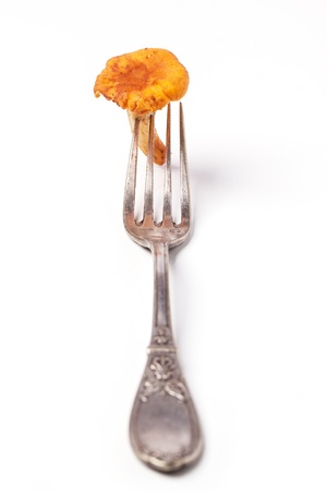 Vintage fork with mushroom chanterelle isolatedの写真素材