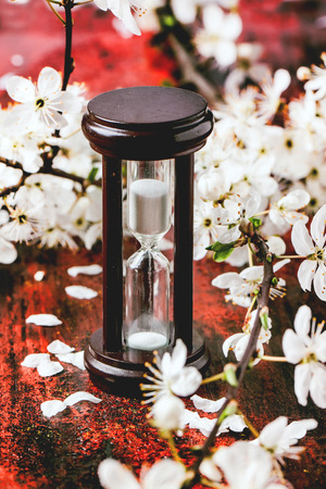 Vintage hourglass with blossom branch of cherry-tree on black and red wooden table.の写真素材