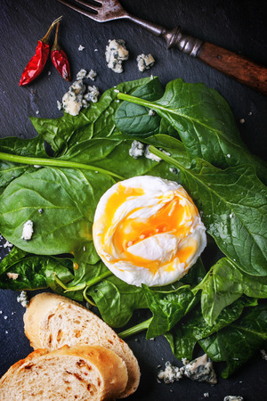 Poached egg served with red hot chili peppers and bread on fresh spinach leaves. Top view.の写真素材