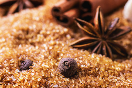 Spices allspice, cinnamon and anise over heap of brown sugar. See seriesの写真素材