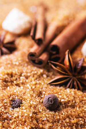 Spices allspice, cinnamon and anise over heap of brown sugar. See seriesの写真素材