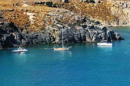 Seaview with yacht in sunny day, Rhodes, Greeceのeditorial素材