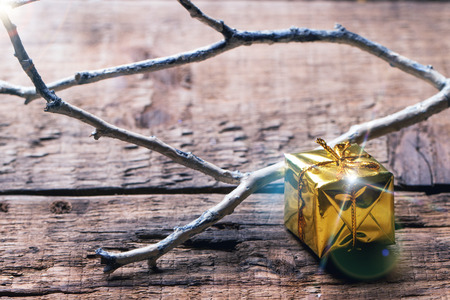 Christmas background with white branch and golden gift on woodの写真素材