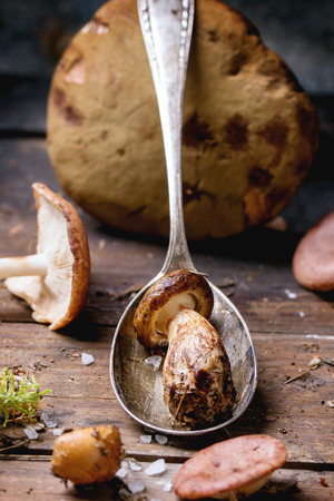 Mushroom in vintage spoon over old wooden tableの写真素材