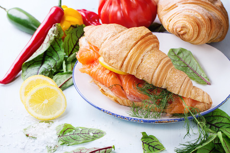 Croissant sandwich with salted salmon on white plate, served with fresh salad leaves, lemon, sea salt and vegetables over light blue wooden background.の写真素材