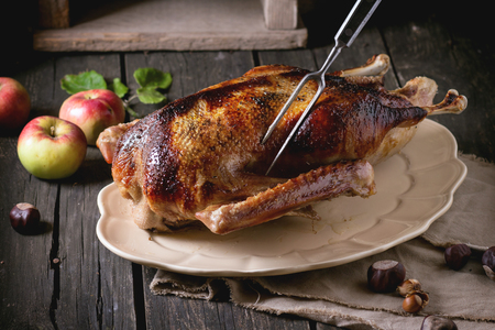 Roast stuffed goose with meat fork in on ceramic plate with ripe apples over wooden kitchen table. Dark rustic style.の写真素材
