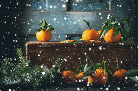 Tangerines with leaves in Christmas decor with Christmas tree and dry orange on wooden chest over old wooden table. Dark rustic style with falling snow and retro filter effect.の写真素材