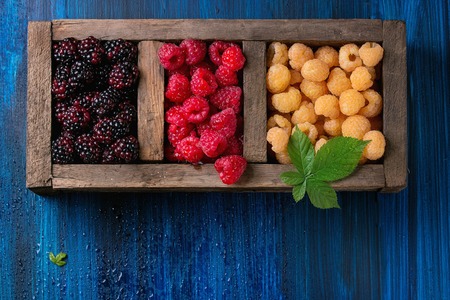 Wood box of colorful yellow and red raspberries and black dewberry with leaf over blue wooden...