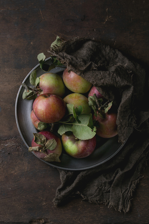 Vintage metal plate with harvest of wild apples with leaves on sackcloth rag over old wooden background. Top view, dark rustic styleの写真素材
