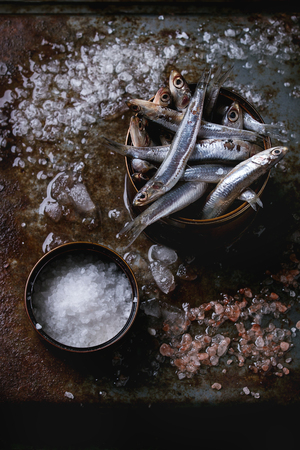Lot of raw fresh anchovies fishes in tin can on crushed ice with pink and sea salt over old dark metal background. Top view. Sea food background theme with space for textの写真素材
