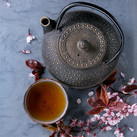 Black iron teapot and traditional ceramic cup of tea with blossom pink flowers cherry branch over gray blue metal texture background. Top view with space, Asian style. Square imageの写真素材