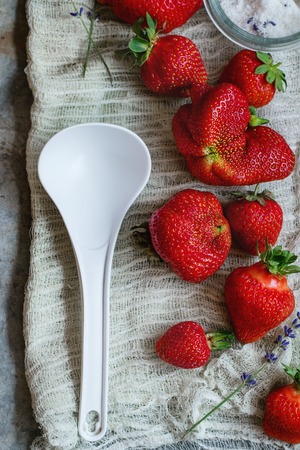Fresh ripe strawberries prepared for making jam. Served with sugar, lavender and big white plastic spoon on gauze over gray metal background. Preserving concept. Top view. Rustic style, day lightの写真素材