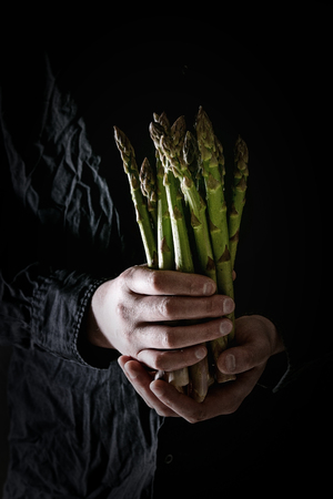 Bundle of raw organic green asparagus in dirty man's hand in black shirt.の写真素材