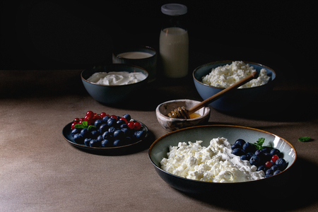 Dairy produce for breakfast. Cottage cheese, plain yogurt, milk, cream, honey, blueberries and red currant berry in ceramic bowl over brown table. Healthy eating. Dark rustic still lifeの写真素材