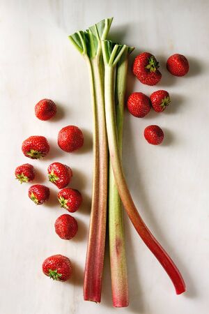 Fresh organic garden strawberries and rhubarb stems over white marble background. Flat lay, space. Ingredients for summer lemonade, jam or cakeの写真素材