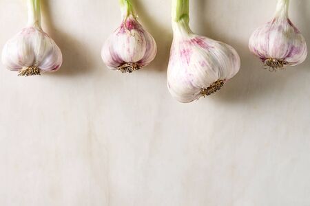 Young organic garden garlic in row over white marble background. Flat lay, spaceの写真素材
