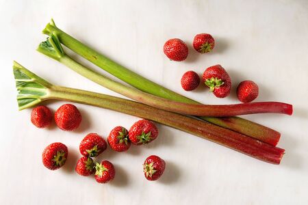Fresh organic garden strawberries and rhubarb stems over white marble background. Flat lay, space. Ingredients for summer lemonade, jam or cakeの写真素材