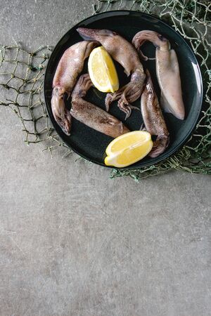 Raw uncooked squids calamari on ceramic plate with lemon and fishing nets over grey texture...