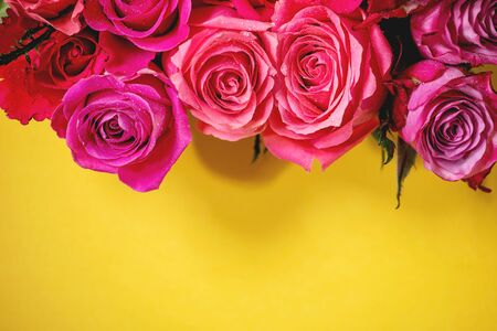 Creative layout with beautiful pink roses flowers on bright yellow background. Flat lay, close up. Greeting card conceptの写真素材
