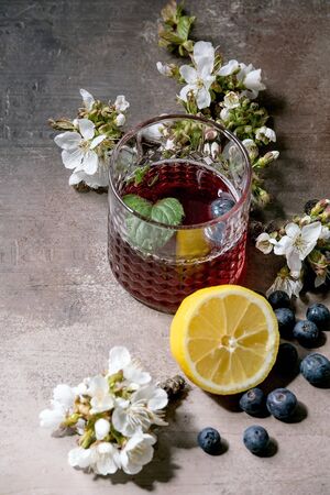 Cocktail glass with blueberry sparkling cider or lemonade with sliced lemon, blueberries and mint. Blossom branches above. Gray texture background.の写真素材