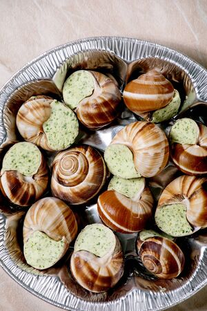 Frozen Uncooked Escargots de Bourgogne - Snails with herbs butter, gourmet dish, in store aluminum packaging over pink marble background. Flat lay, spaceの写真素材