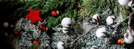 Christmas New year greeting card background with fir tree branches, moss, red balls and stars. Top view. Banner sizeの写真素材
