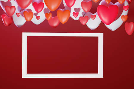 3D st. Valentine's day greeting card with colorful volumetric hearts and white empty frame over pink background.の写真素材