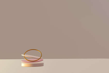 Abstract scene with geometrical levitation podiums and golden ring over beige background. Abstract background. Scene to show any products for advertising. 3d renderの写真素材