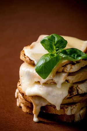 Stockpile of toasted melted cheese pressed sandwiches with basil leaves over dark brown background....