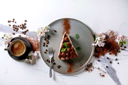 Slice of homemade gluten free tiramisu traditional italian dessert sprinkled with cocoa powder, blooming apple tree, coffee, mint leaves, coffee beans over white marble background. Top view, flat layの写真素材