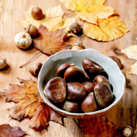 Raw edible chestnuts in ceramic bowl and yellow autumn maple leaves over wooden texture background, square imageの写真素材