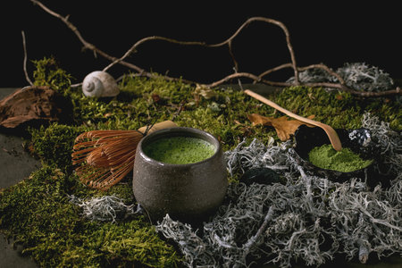 Traditional japanese hot green frothy tea matcha in ceramic cup, powdered matcha and bamboo whisk standing on forest moss. Healthy natural drinkの写真素材