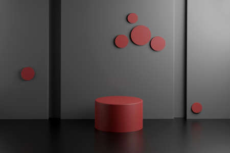 Mockup of abstract scene with geometrical cylindrical podium with a product presentation over dark background. Abstract background. Scene to show any products for advertising. 3d renderの写真素材