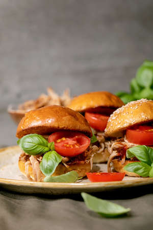 Set of homemade mini hamburgers with stew beef, tomatoes and basil on ceramic plate standing on linen table cloth with ingredients around. Modern delicious fast food. Close upの写真素材