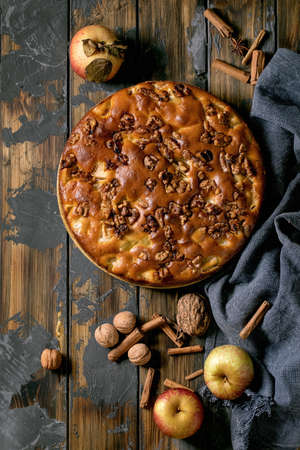 Sweet homemade apple and walnuts cake Charlotte on plate with fresh gardening apples, cinnamons and nuts around over dark wooden plank background. Autumnal home baking. Flat lay, copy spaceの写真素材
