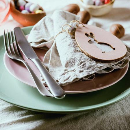Easter table setting with wooden rabbit decoration, chocolate eggs and sweets, glasses of pink...