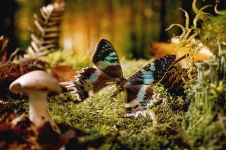 Fairy tale ambiance magical autumn forest background. Beautiful giant tropical butterfly on autumn leaves and moss, wild mushrooms around.の写真素材