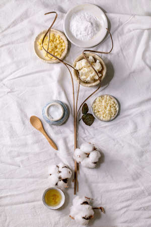 Ingredients for makes home made natural cosmetic. Face cream in progress, essential oils, cocoa...