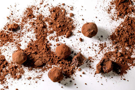 Homemade dark chocolate cocoa truffle candy with cocoa powder over white. Handmade food sweet gifts...